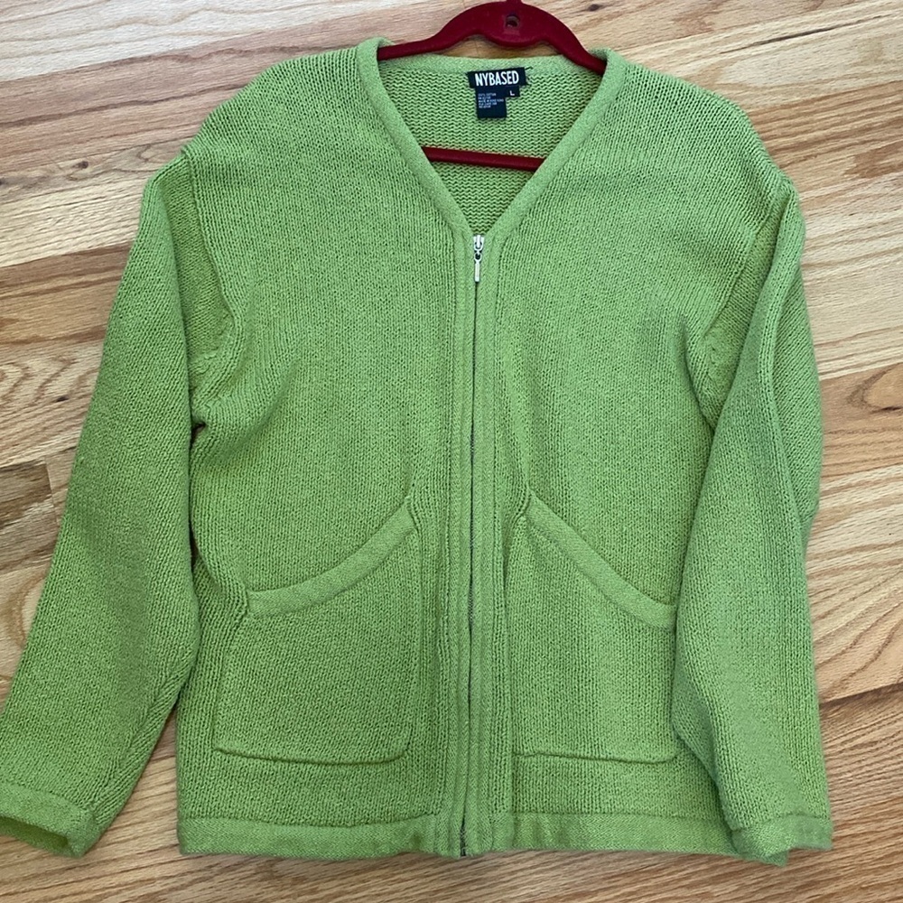 NYBASED Zip Up Kelly Green Cardigan Sweater Womens L Cotton cottagecore Beach